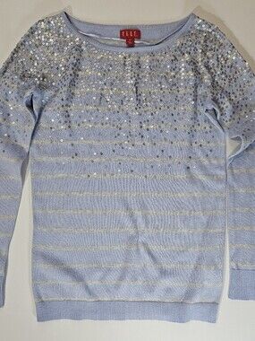 Elle Sweater Womens XS Blue Grey Stripe Sequined‎ Cottagecore Silver Sparkle